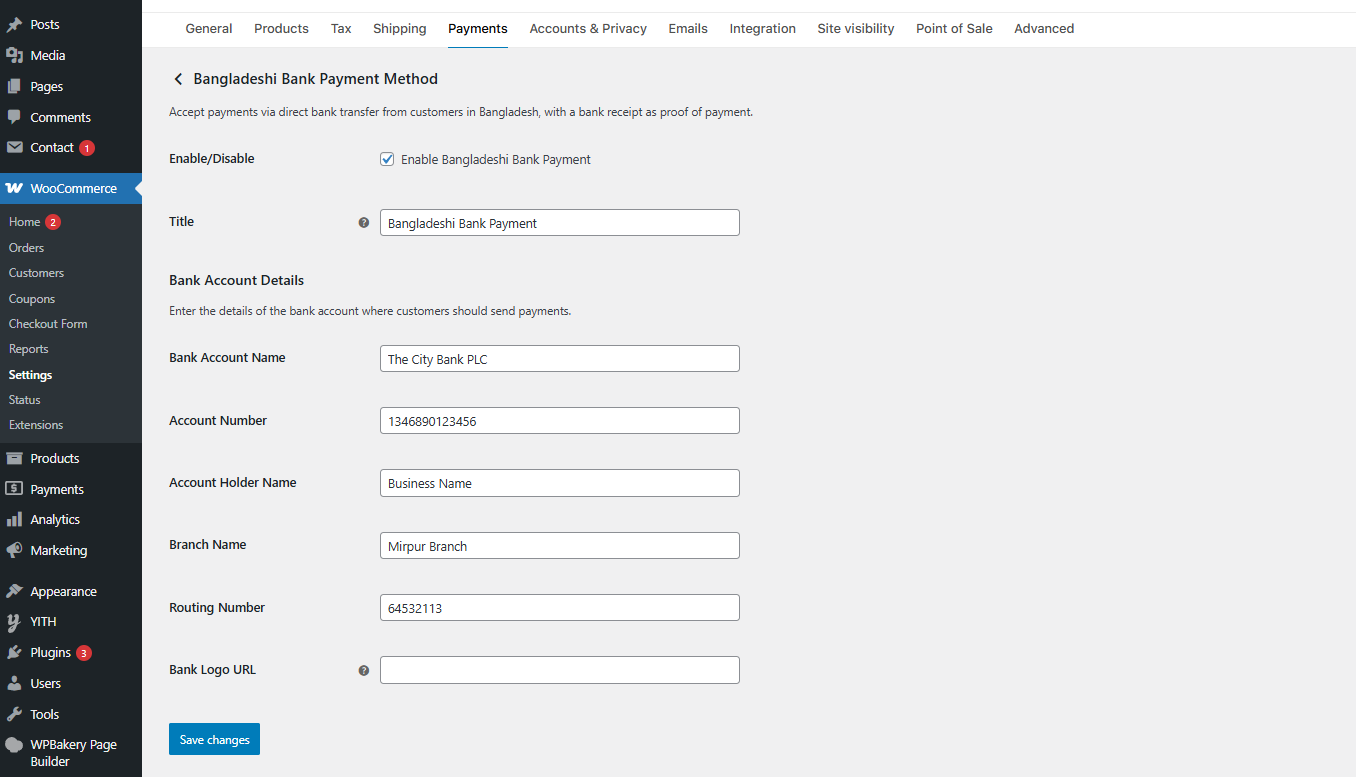 Bank account setup and management in payment settings.