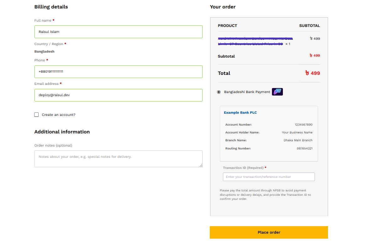 Overview of the checkout page.