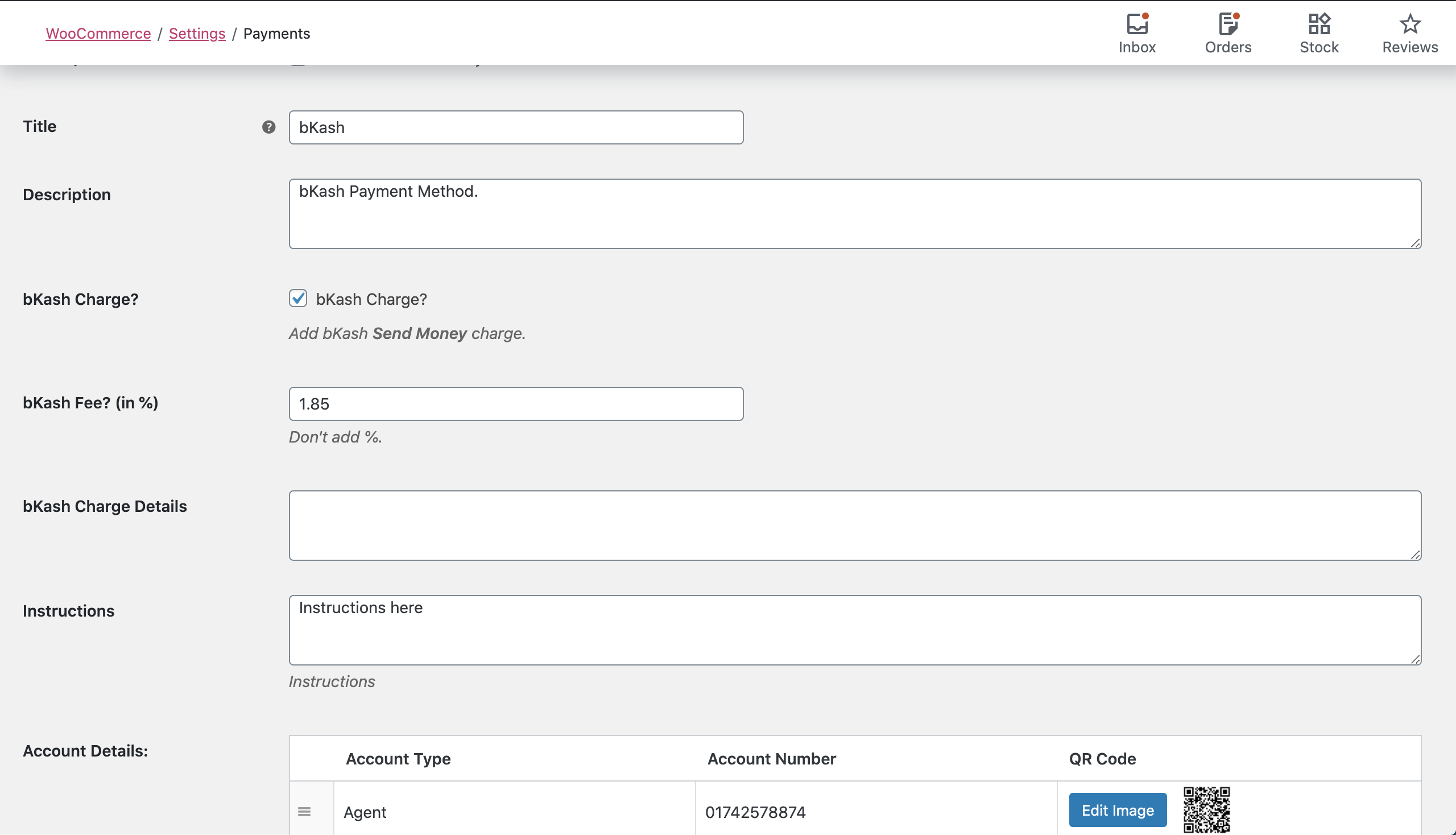 Payment Method Page in Admin Area
