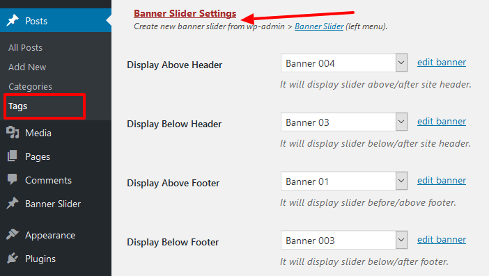 Banner settings for Tags.