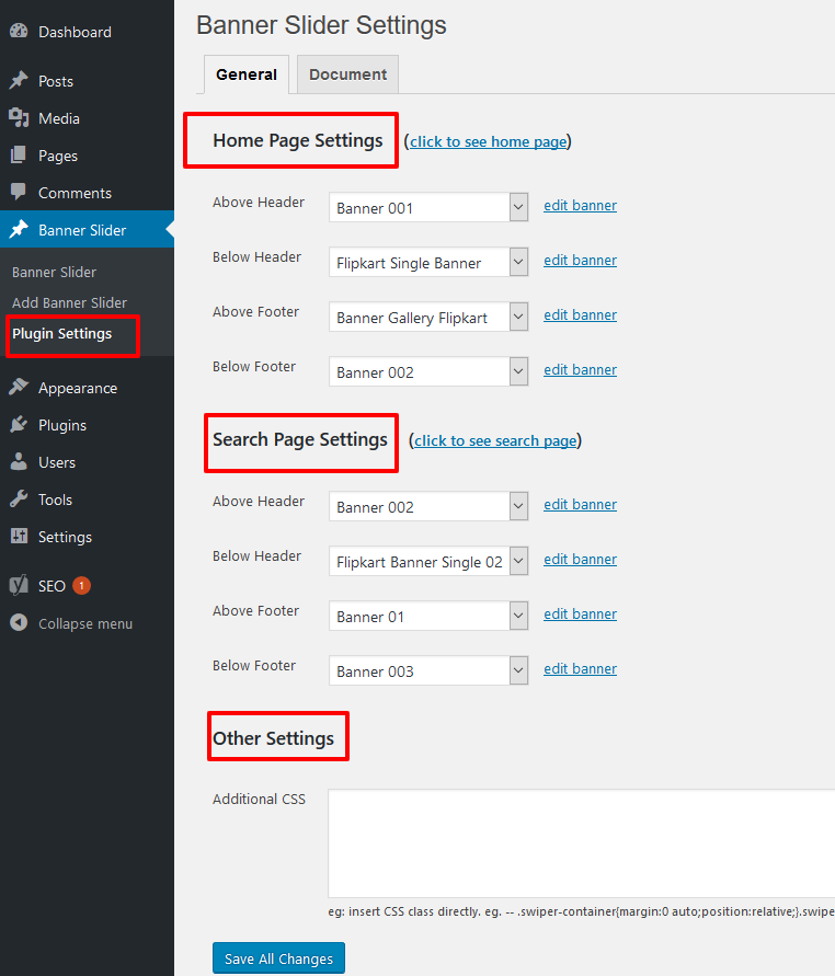 Banner slider plugin settings for home page & search page.