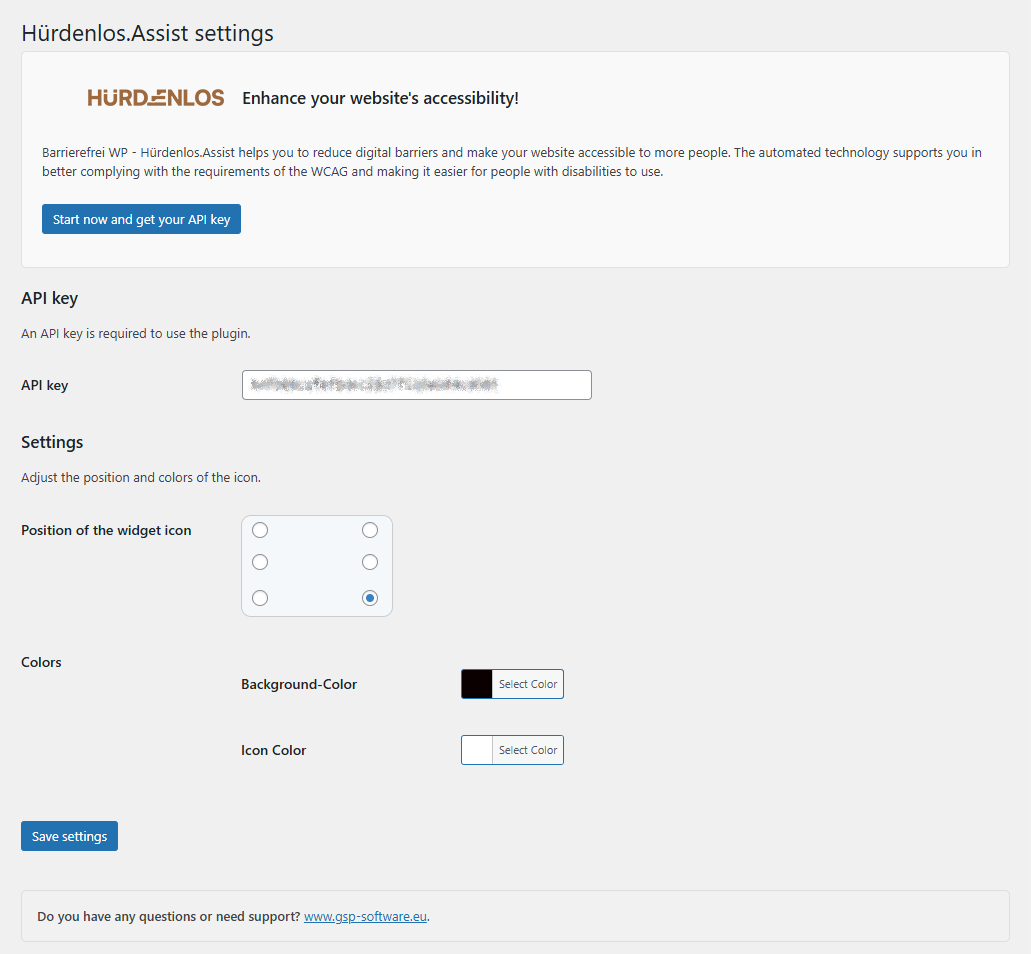 **API Key Settings in WordPress** – The WordPress admin interface where the API key is entered under **Settings > Hürdenlos.Assist**.