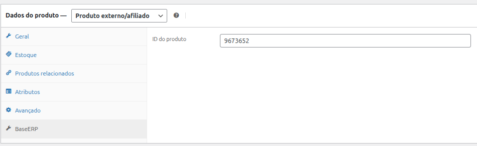 Product data panel with Base ERP product ID mapping