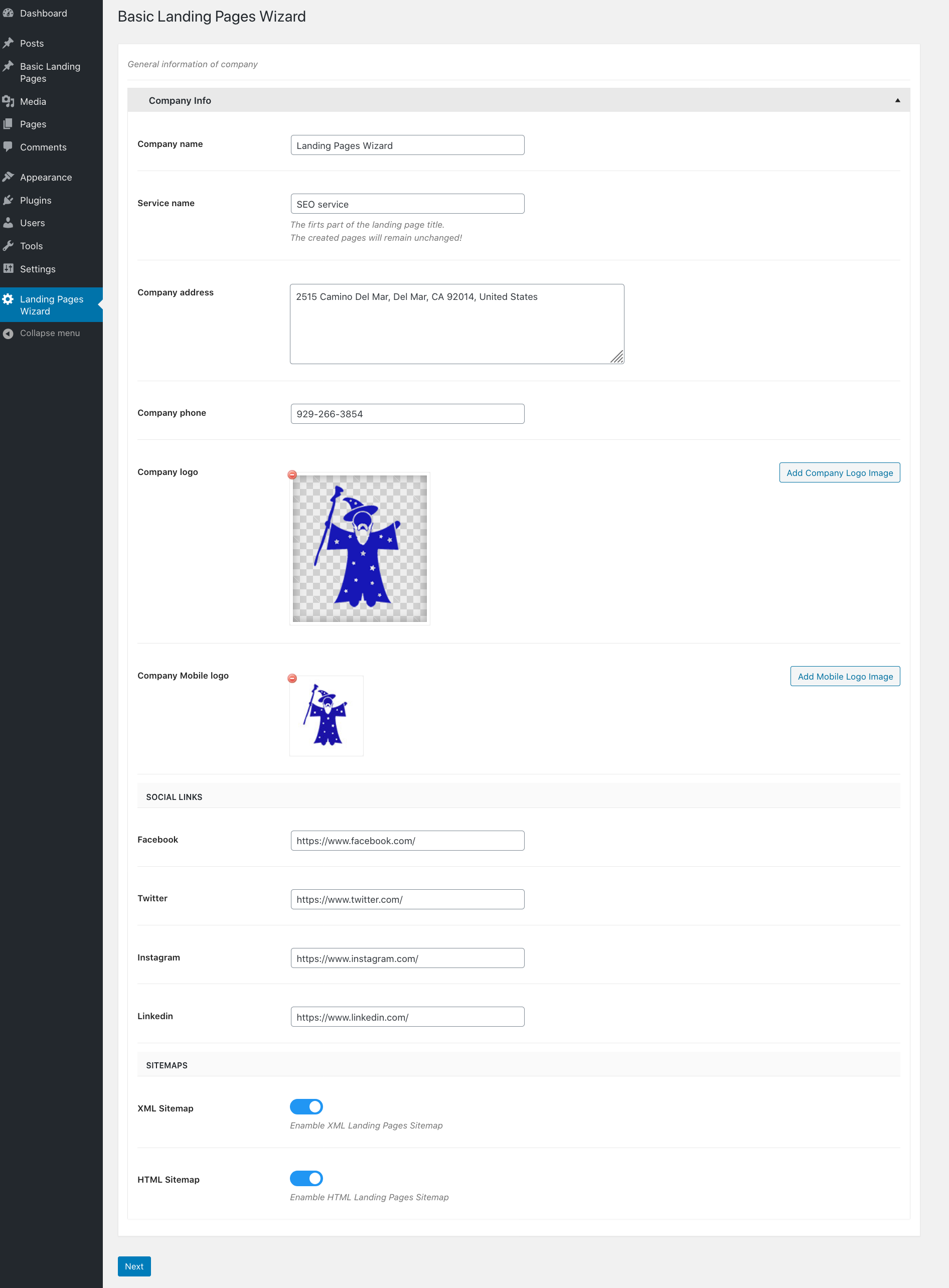 Here you can see setting for a plugin. You have to add service name, company name address, and logos.