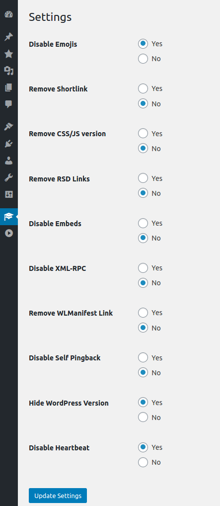 Settings: enable or disable the Disable Emoticons, Remove Shortlink, Disable Embeds, Disable XML-RPC, Hide WordPress Version, etc options.
