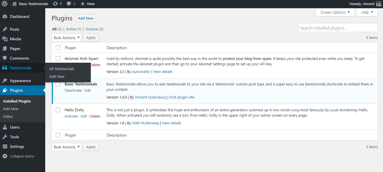 After activating the plugin, a new 'testimonials' content type will appear in the admin.
