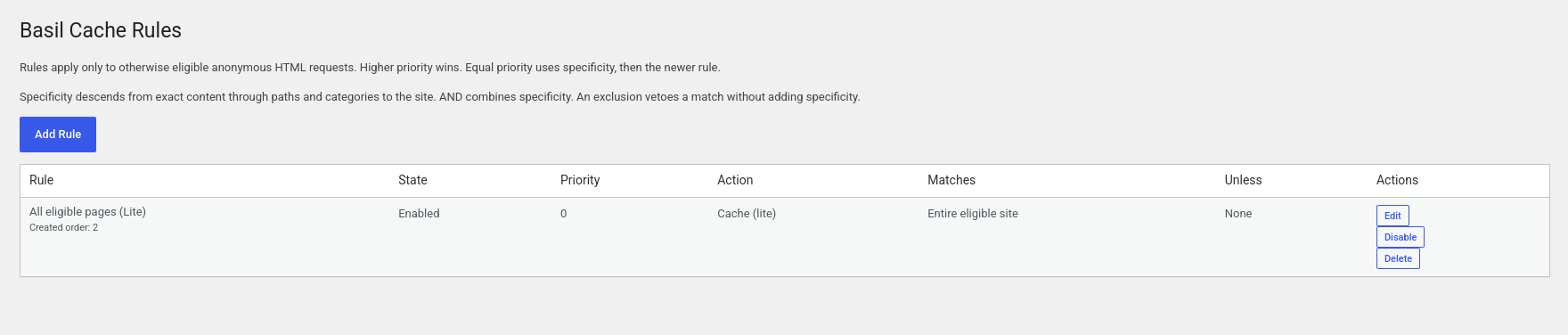 Rules list showing enabled state, priority, cache action, match conditions, and rule-management controls.