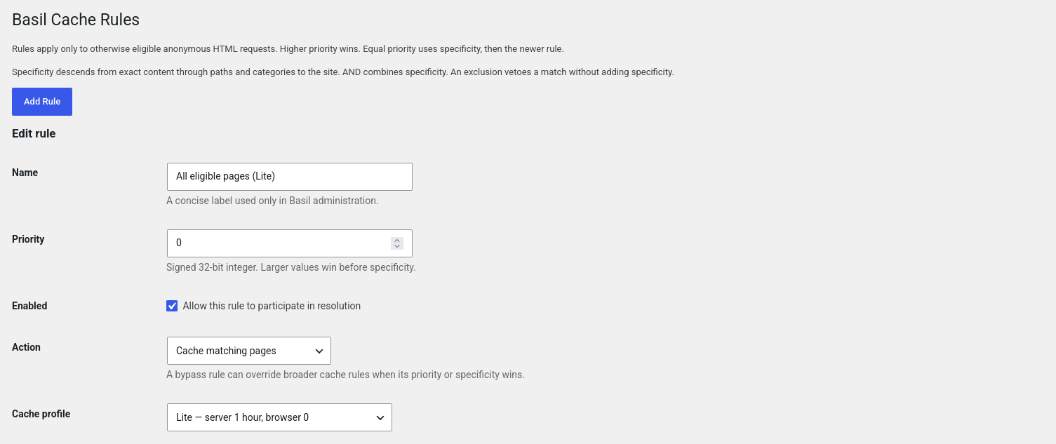 Rule settings for the name, priority, enabled state, action, and cache profile.