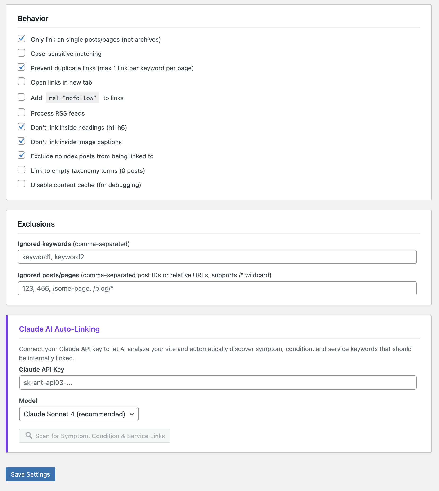 AI-powered link suggestion scanner — optionally use Claude or OpenAI to discover new internal linking opportunities.