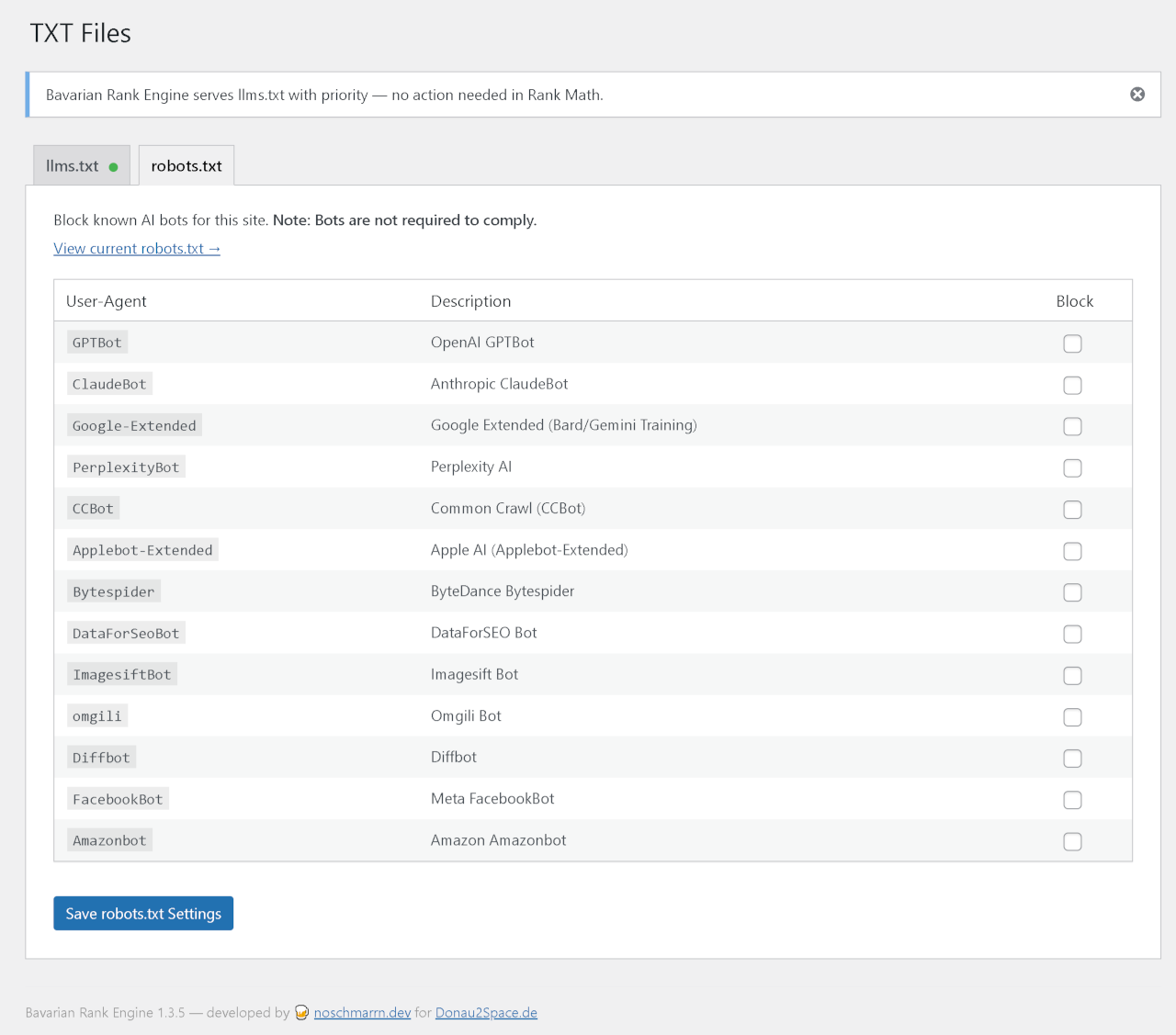 robots.txt / AI Bots — per-bot block checkboxes.