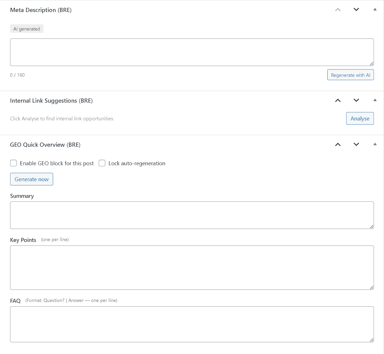 Post editor — Meta Description meta box with source badge and AI regeneration button.