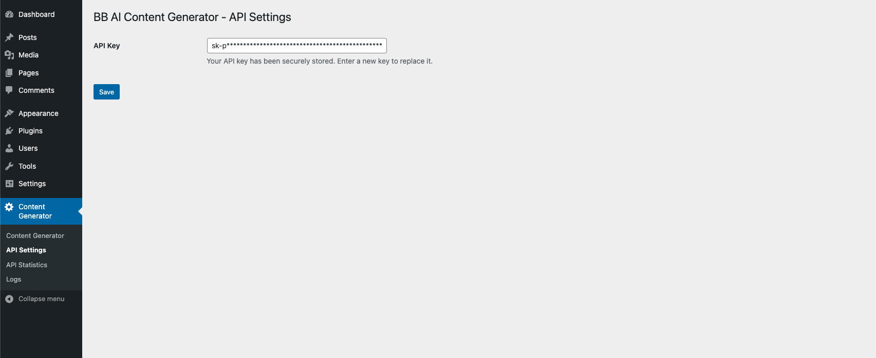 **API Settings Page:** Securely input and manage your OpenAI API key.