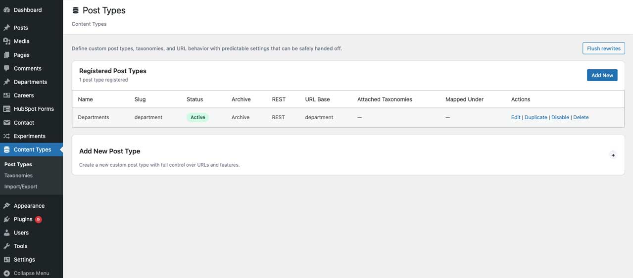 Post Types list screen showing registered content types, status, archive/REST visibility, and quick actions.