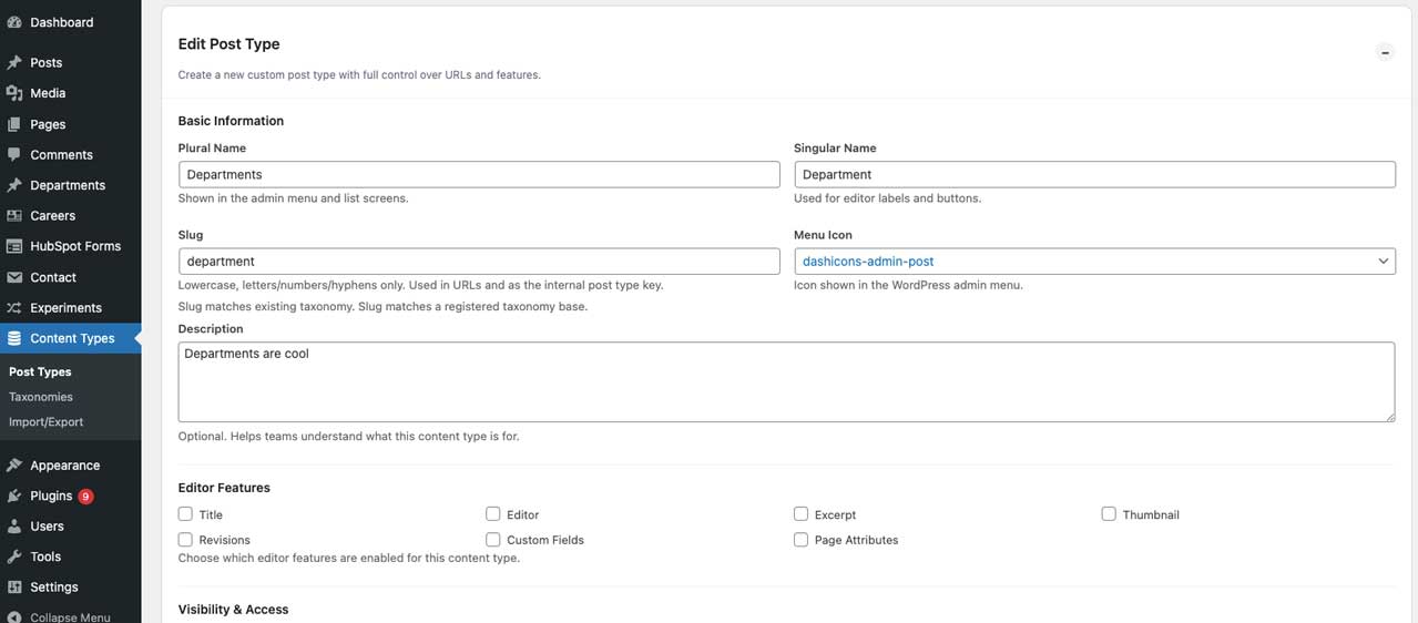 Edit Post Type screen with label, slug, icon, description, and editor feature configuration.