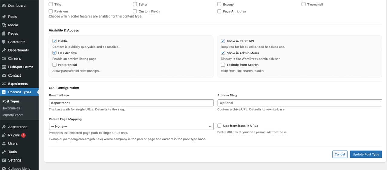 Advanced post type settings for visibility/access, REST behavior, and URL/rewrite configuration.