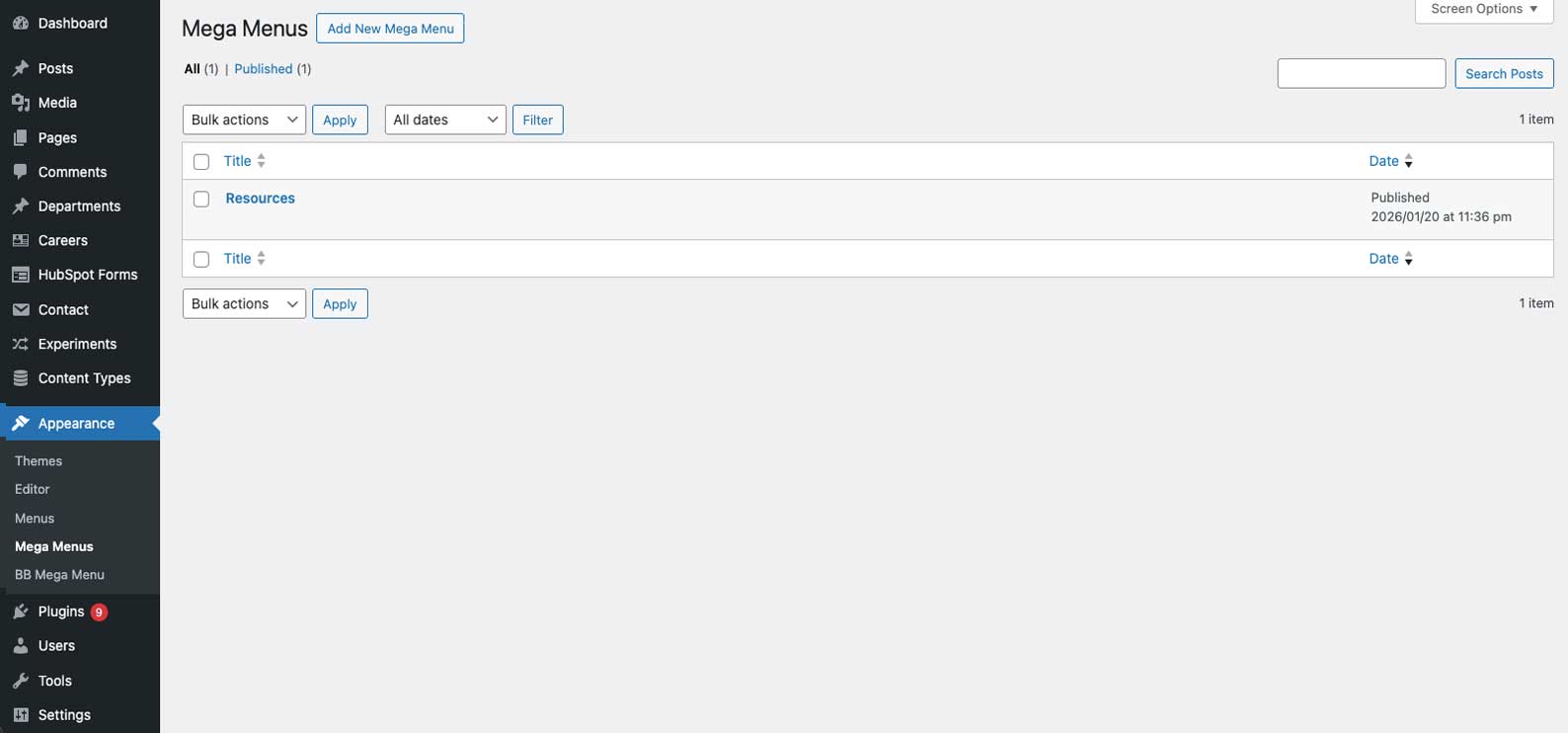 Settings page to create your new Mega Menus.