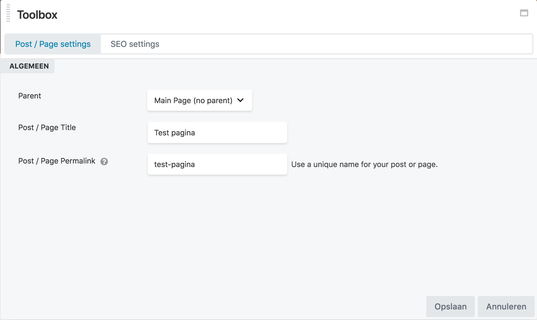 Form to edit the page settings