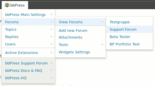 bbPress Admin Bar Addition in action - third level - forums - view frontend forums plus edit/add forums
