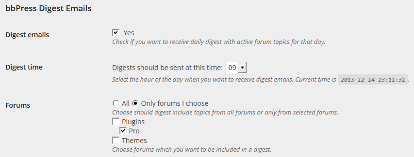 User settings with subscription selected, which includes only forums chosen by user