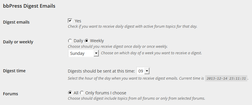User settings with subscription selected, with weekly interval enabled