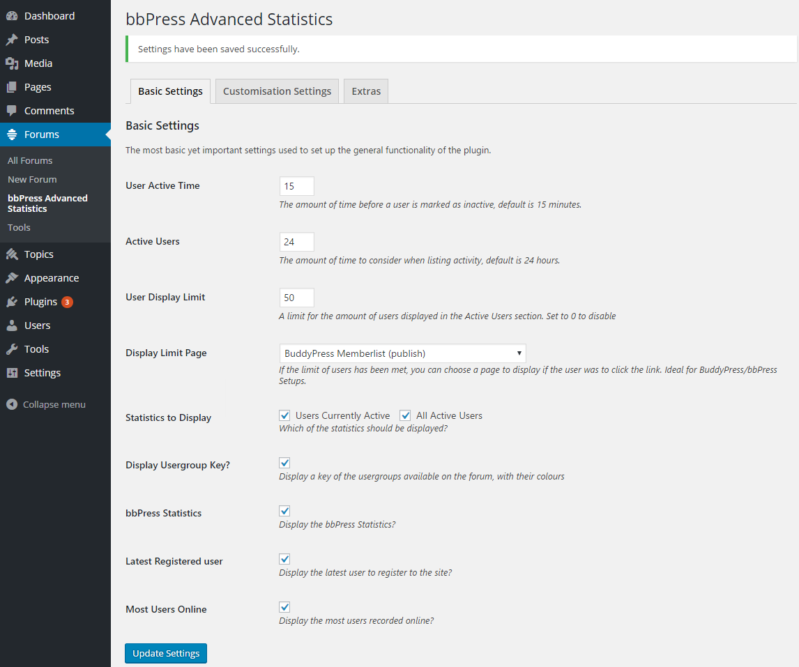 Standard Options available within the WordPress Admin Page