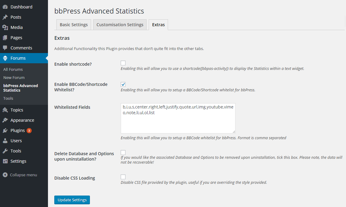 Additional customisation with the extras tab