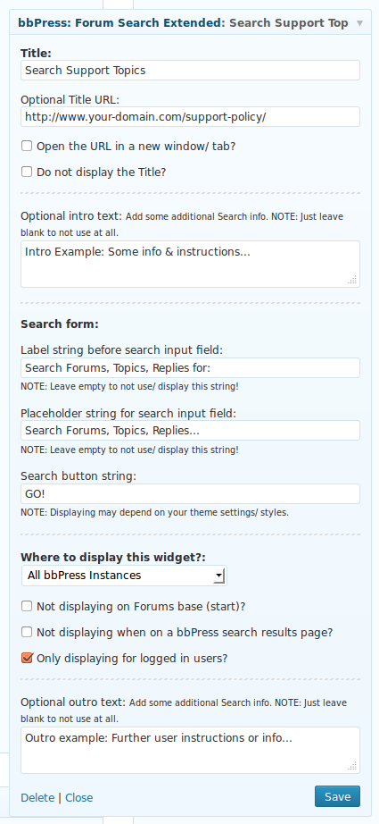 bbPress Search Widget: the extended search widget with its options. ([Click here for larger version of screenshot](https://www.dropbox.com/s/aqi4hmk520vvn8x/screenshot-1.png))