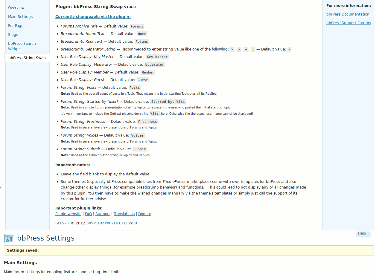 bbPress String Swap - plugin's help tab on bbPress settings page ([Click here for larger version of screenshot](https://www.dropbox.com/s/wy7q7zcxo60t4i3/screenshot-7.png))