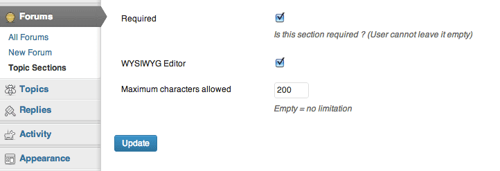 Special settings when editing a topic section