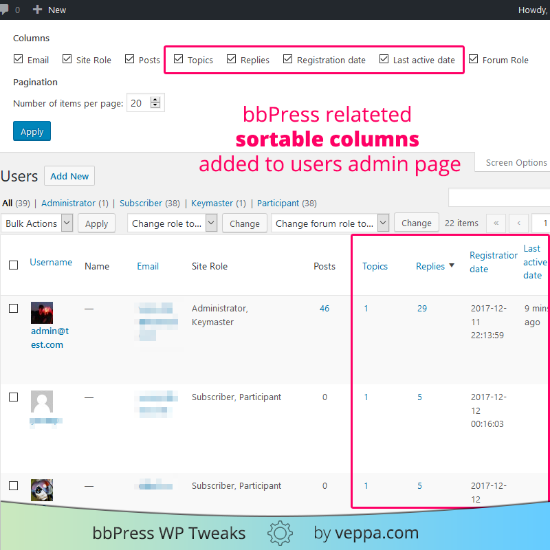 bbPress related sortable columns (number of topics, number of replies, registration date, last activity date) added to users admin area.