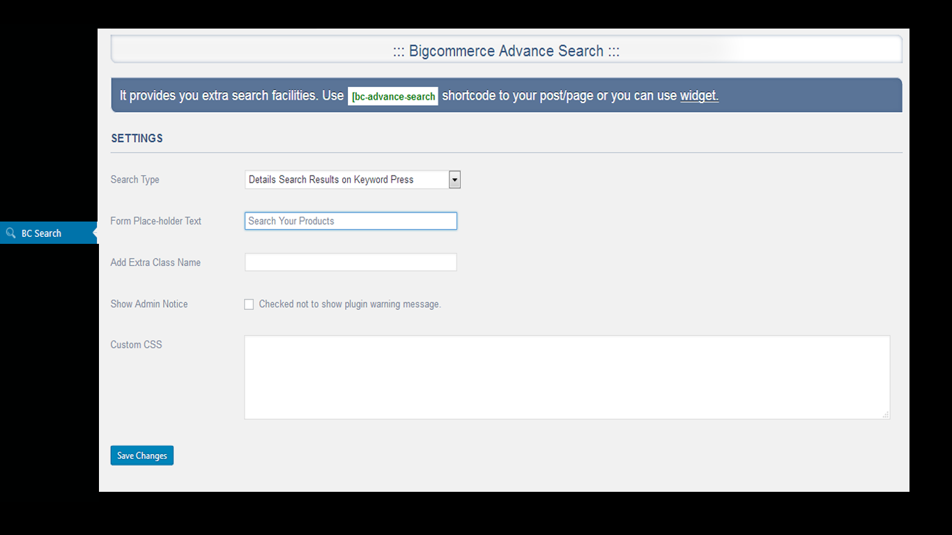 BigCommerce Advance Search Settings page.