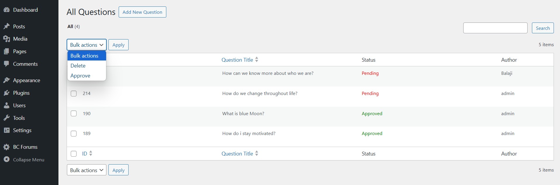 Admin panel question list