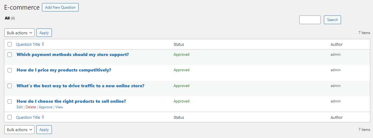 Admin panel topic list