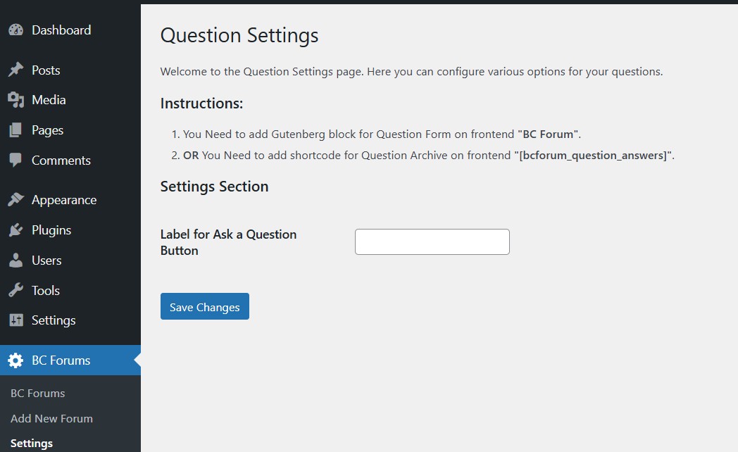 Questions settings