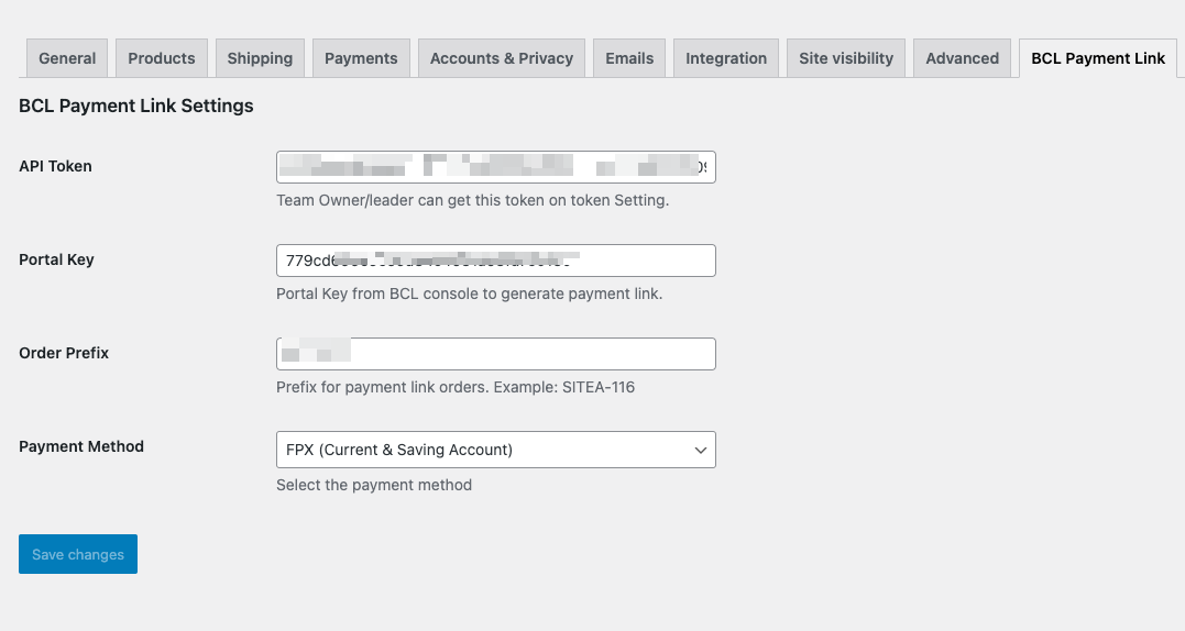 BCL Payment Link settings page