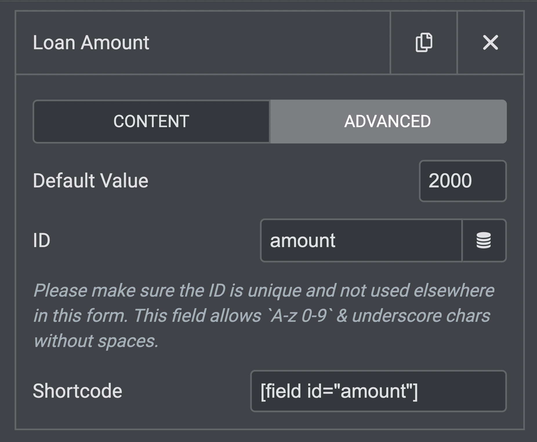 Range field - Advance tab options