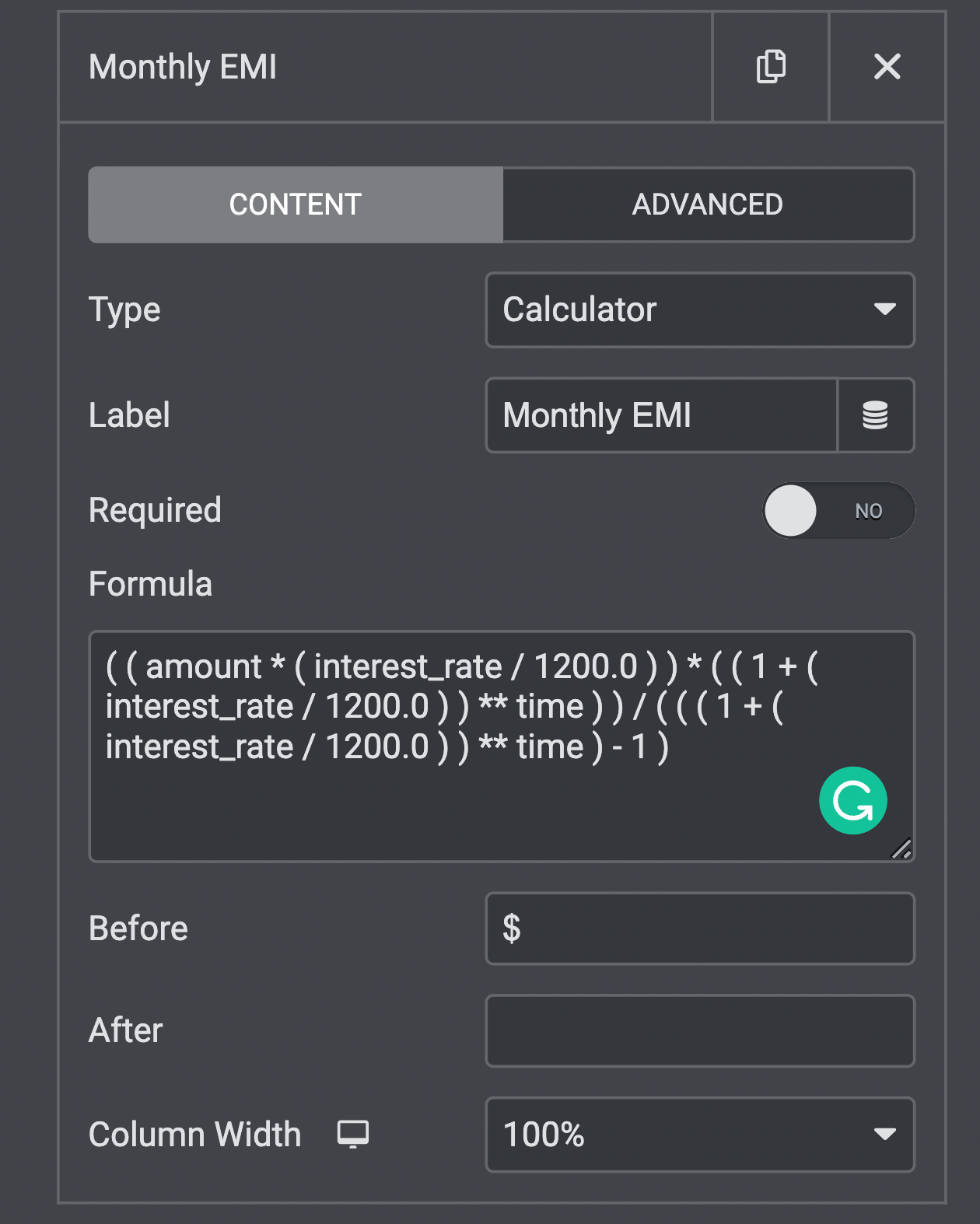 Calculated field - showing formula for calculating EMI