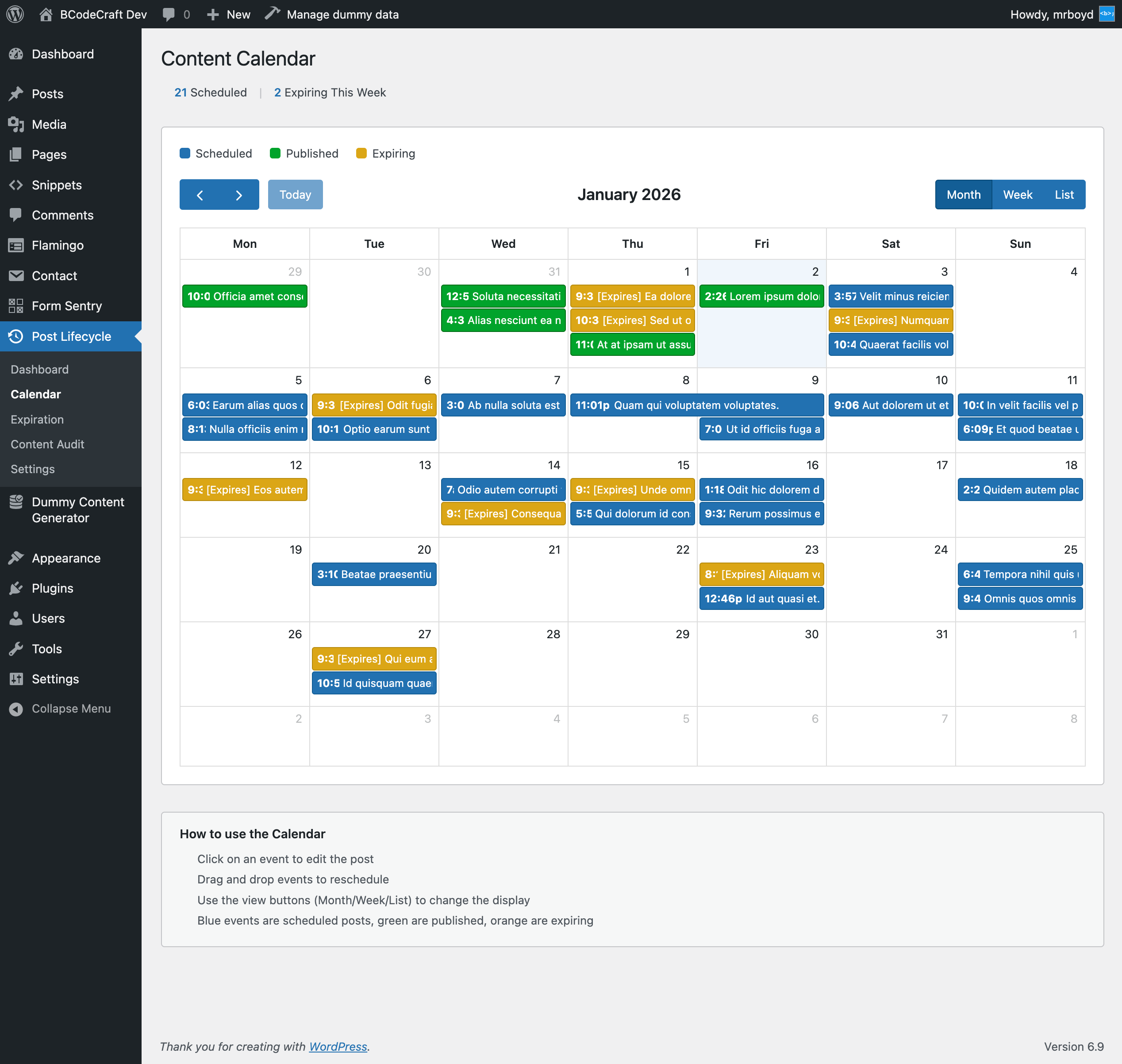 Visual calendar for content scheduling with drag and drop support