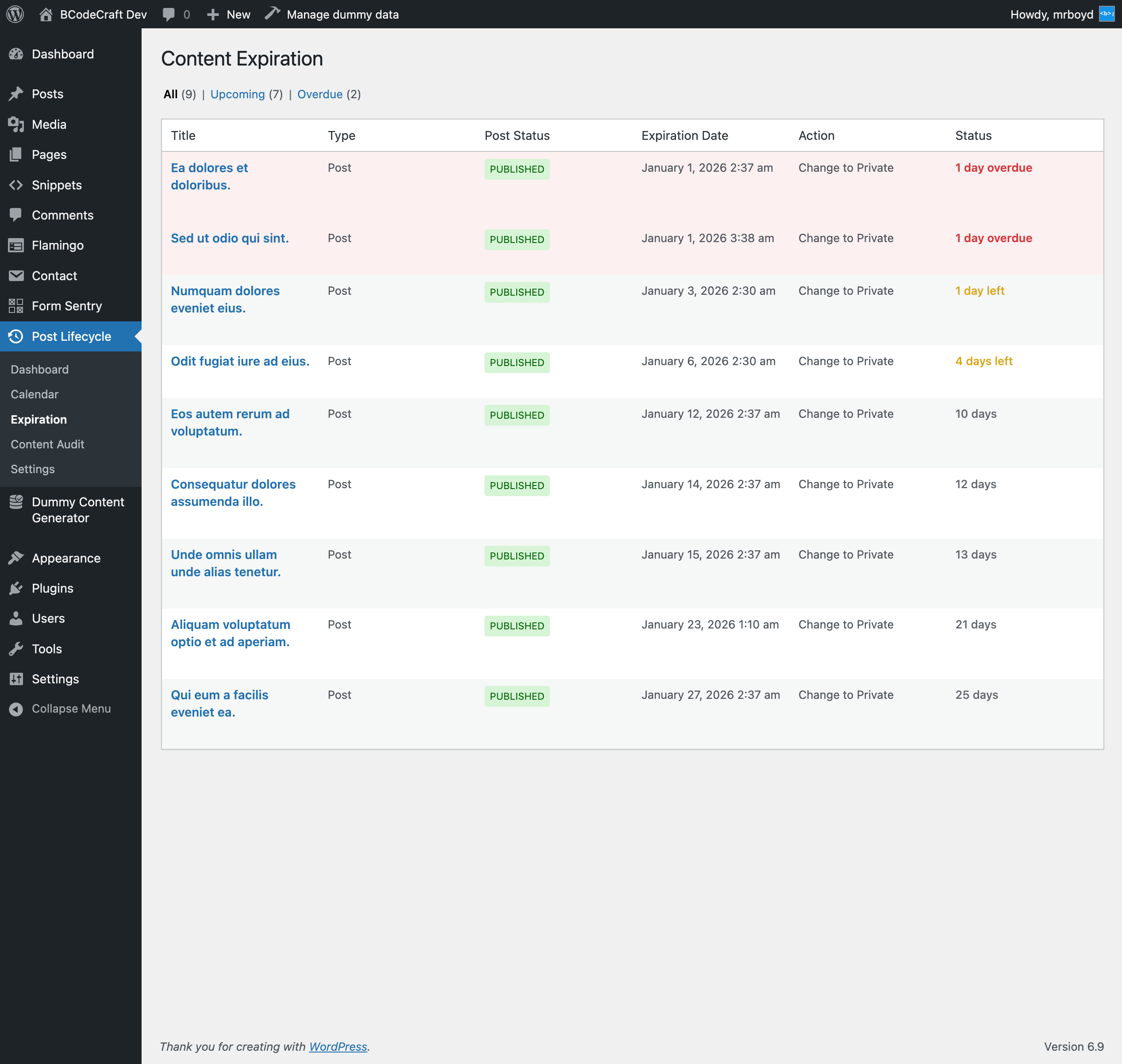 Expiration list with filter tabs and status indicators