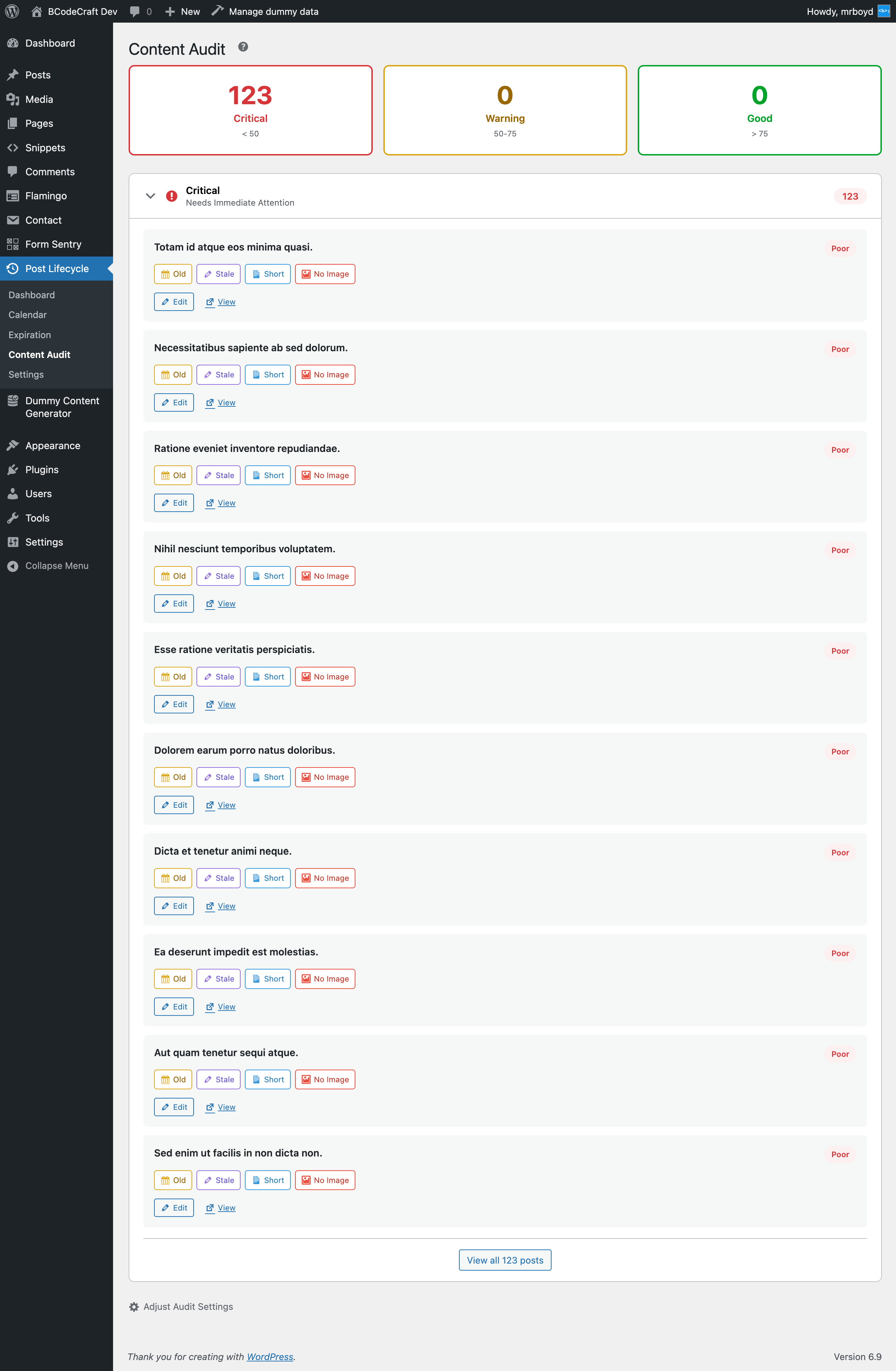 Content audit results with priority-based sections (Critical, Warning, Good)