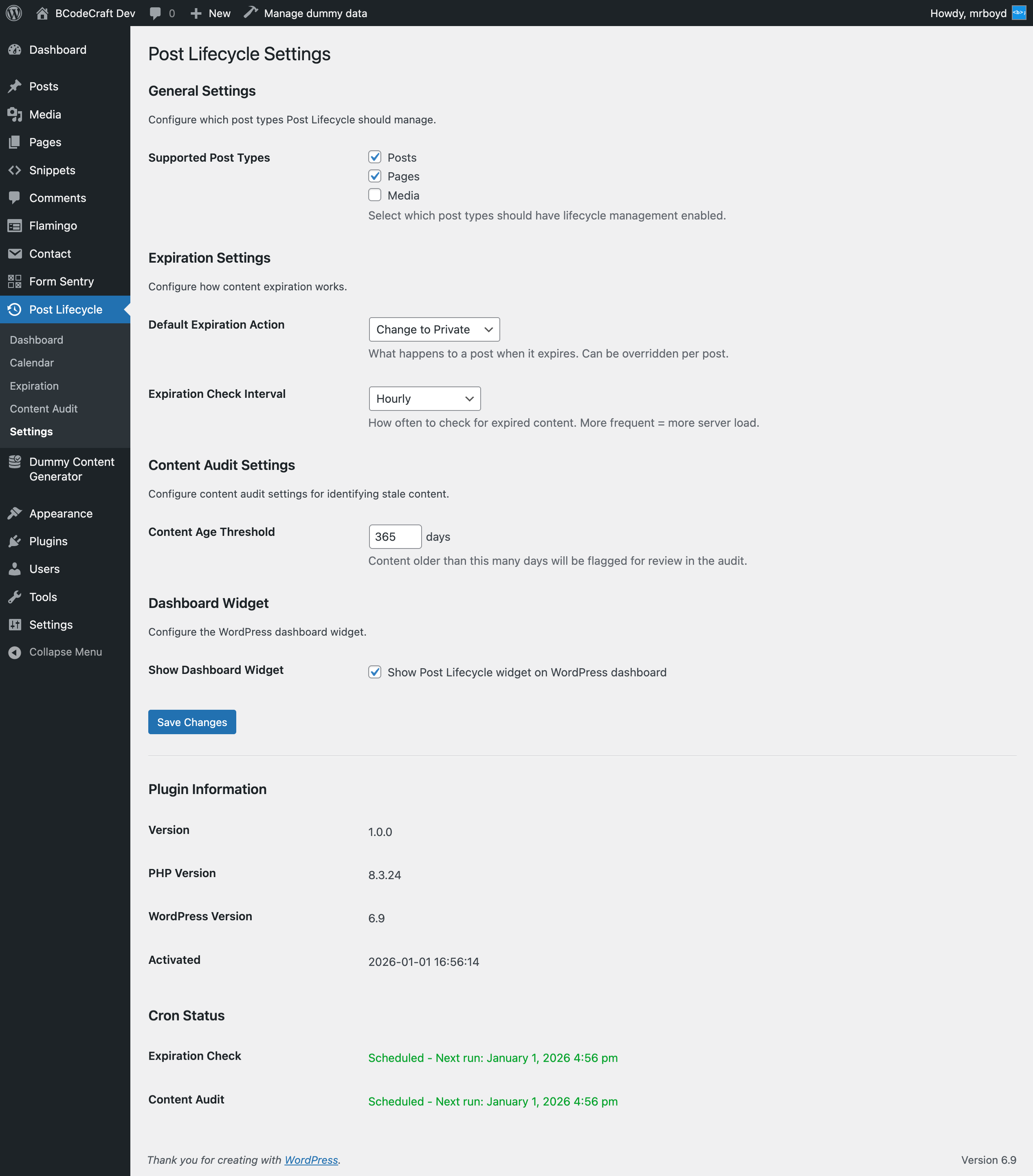 Settings page with expiration, audit, and post type configuration