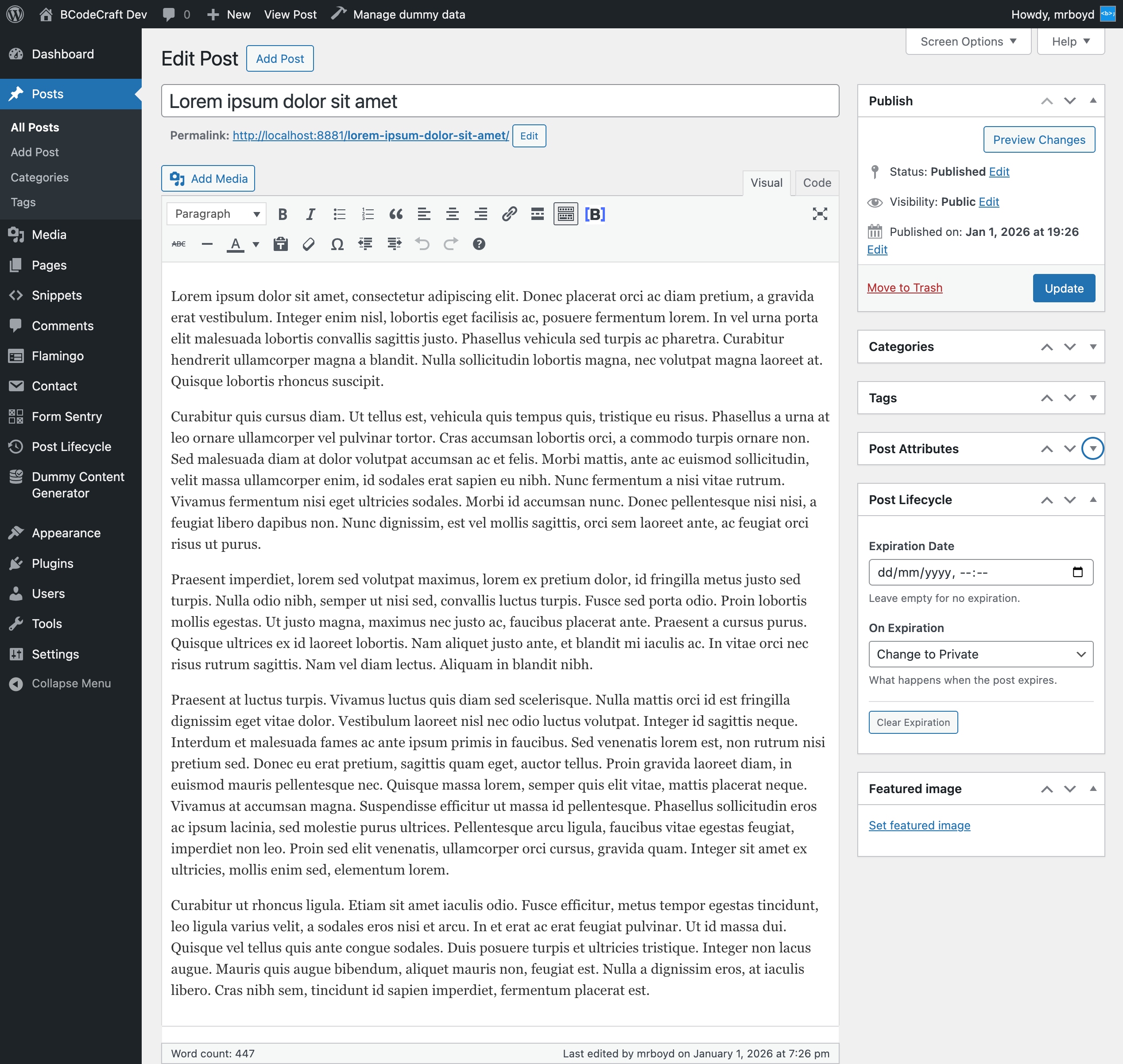 Post editor meta box in Classic Editor for setting expiration date and action