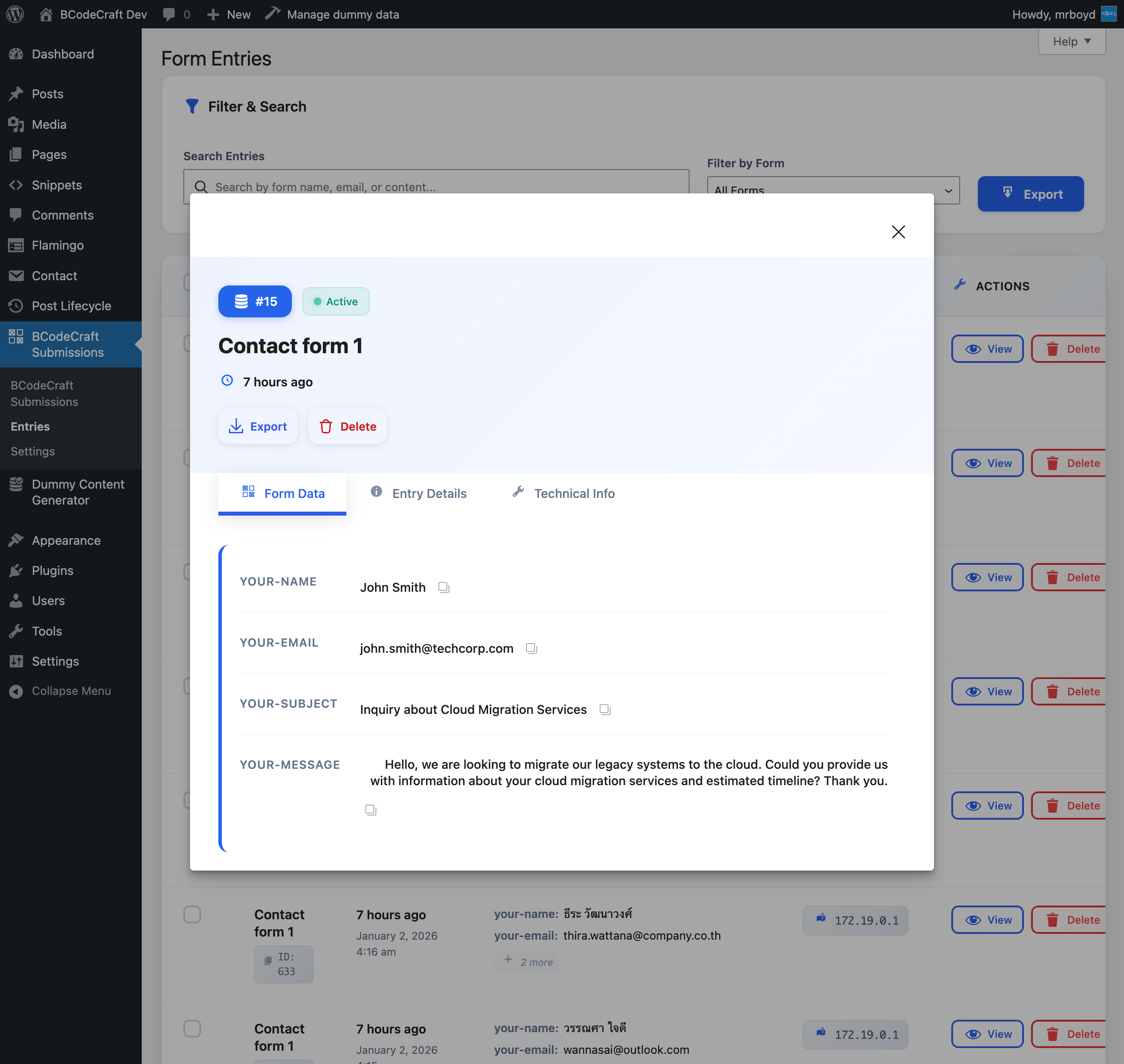 Entry detail modal showing form data with tabs for different information