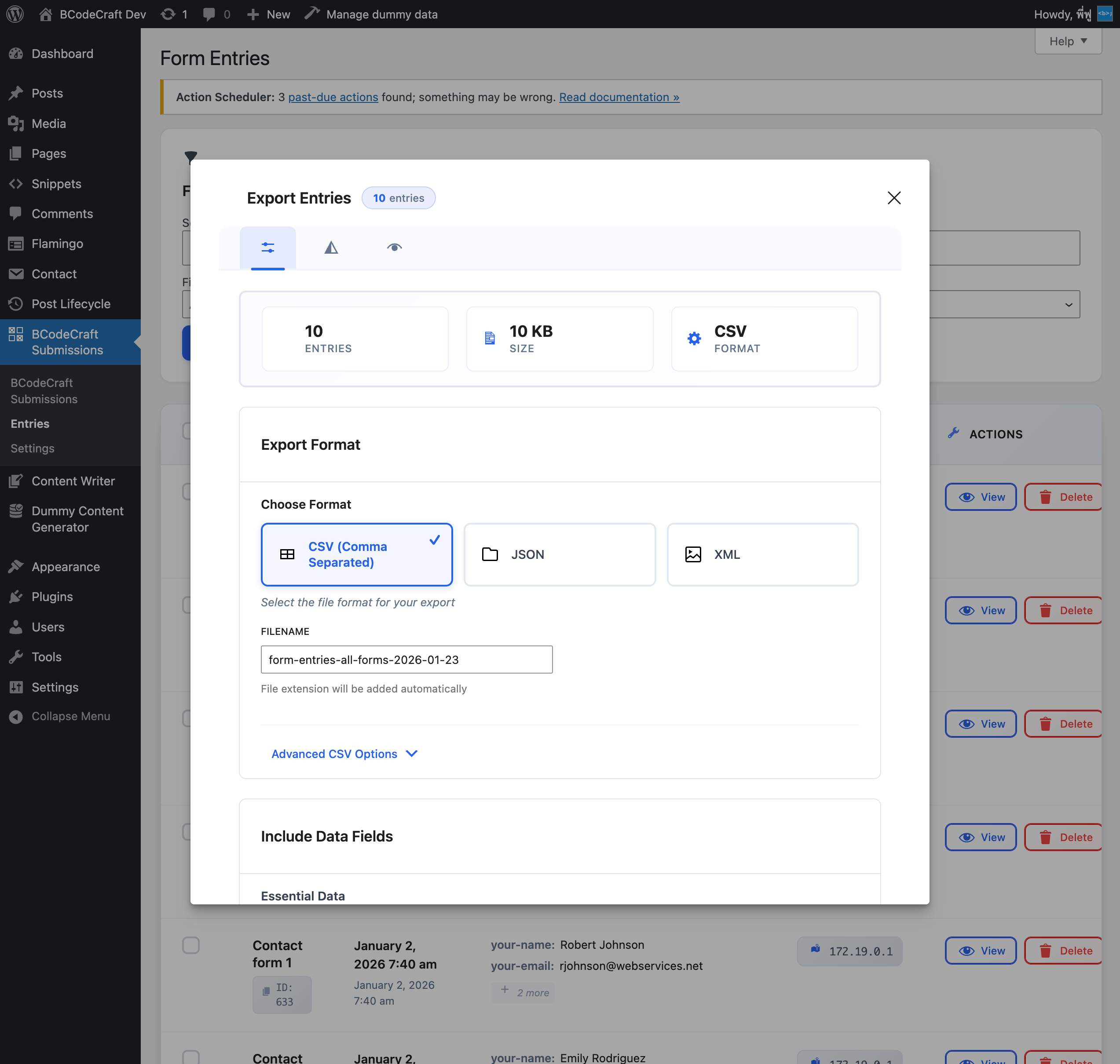 Export modal with format selection (CSV, JSON, XML)