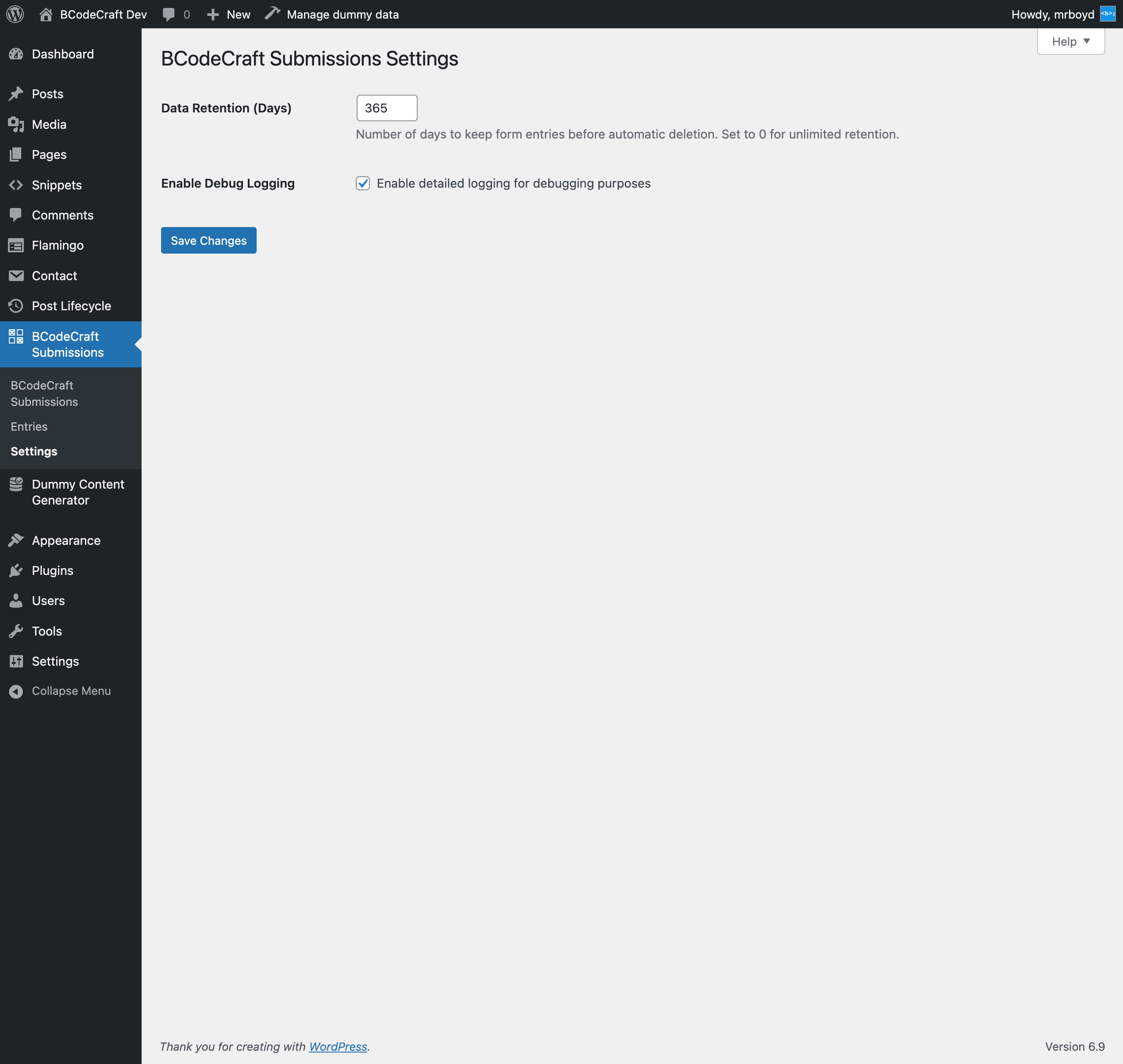 Settings page with data retention and debug logging options
