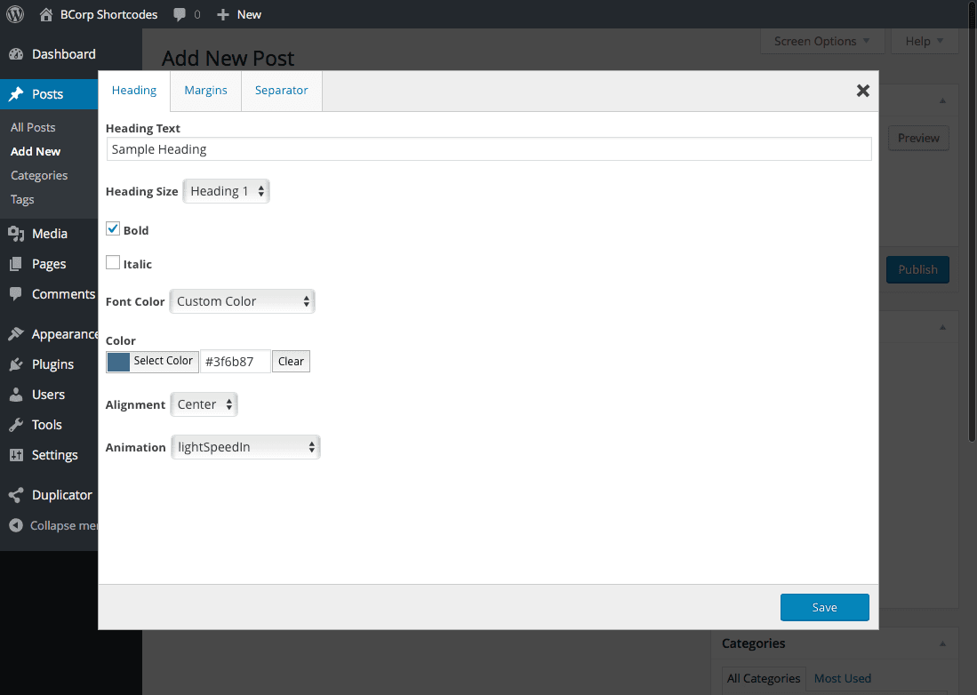 Editing the shortcode settings.
