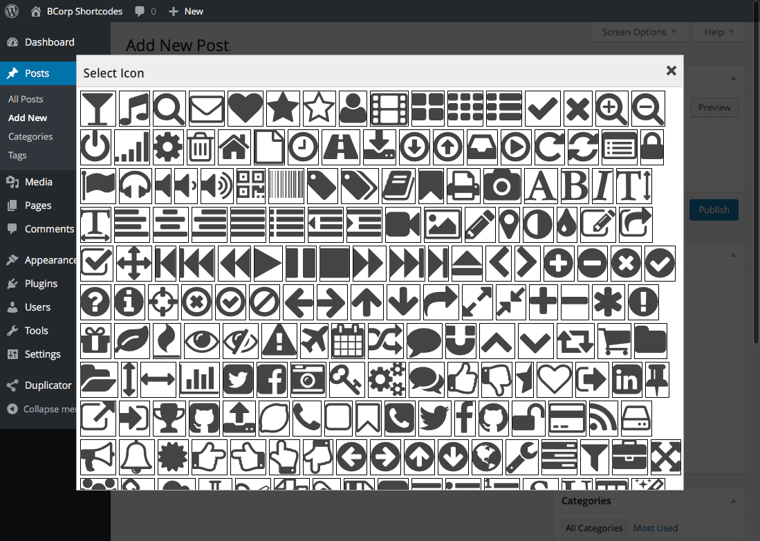Selecting an icon for a shortcode element.
