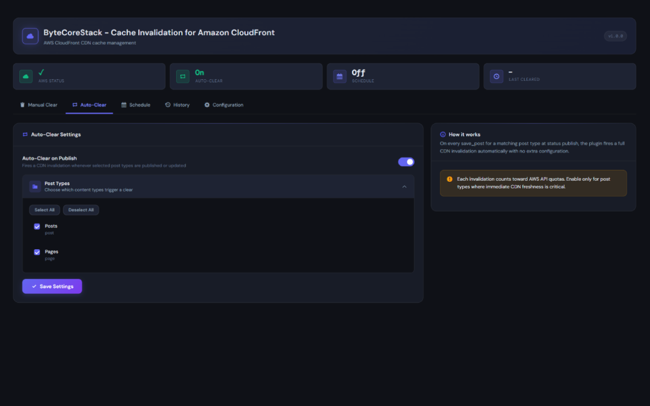 Auto-Clear tab — choose which post types trigger automatic, targeted CloudFront cache invalidation