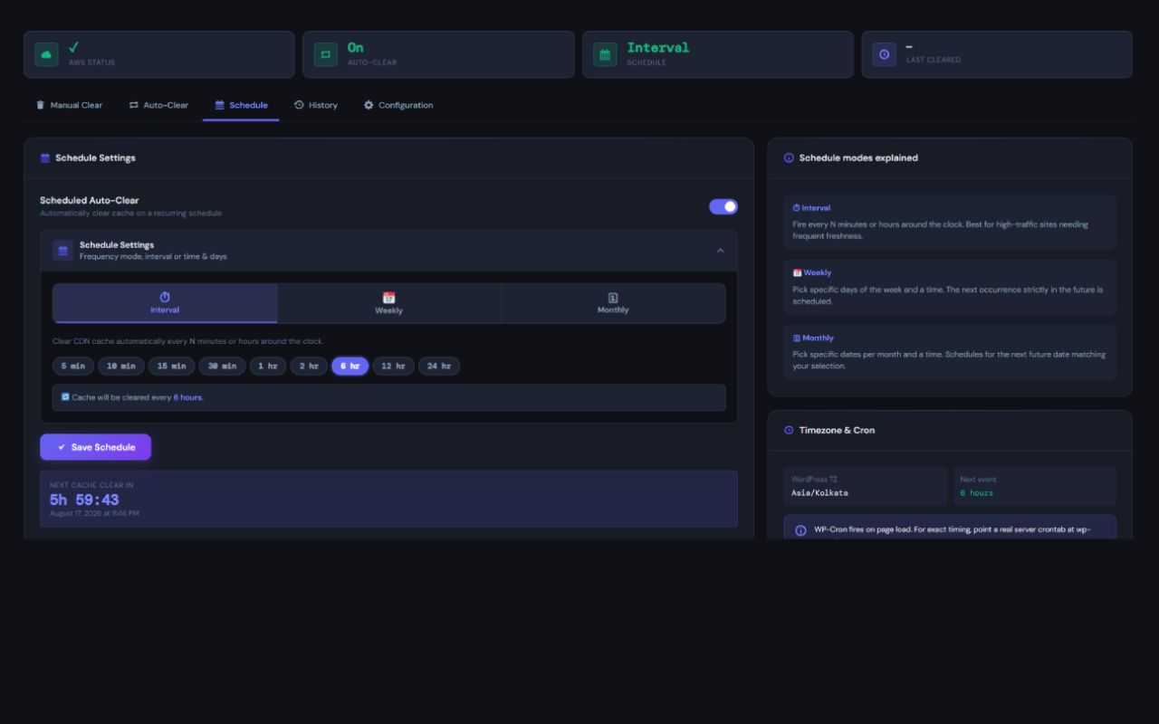 Schedule tab — interval, weekly, or monthly cache clearing with a live countdown timer