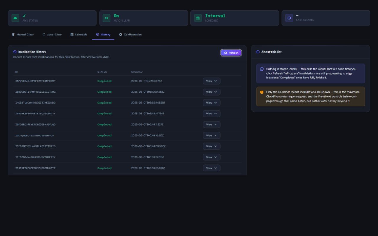 Invalidation History tab — recent CloudFront invalidations pulled live from AWS, with path details and pagination